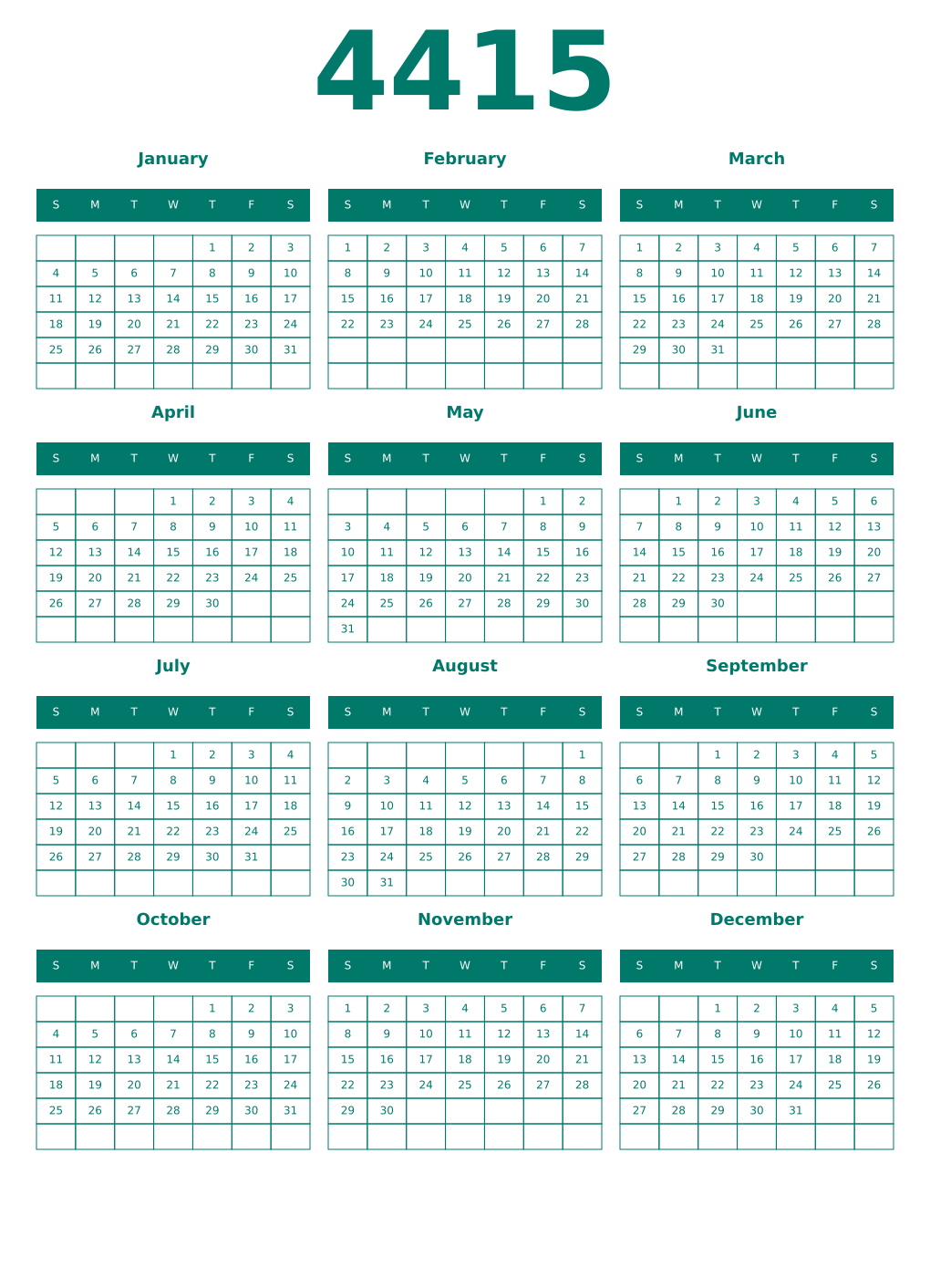 Printable 4415 Year Calendars pastel