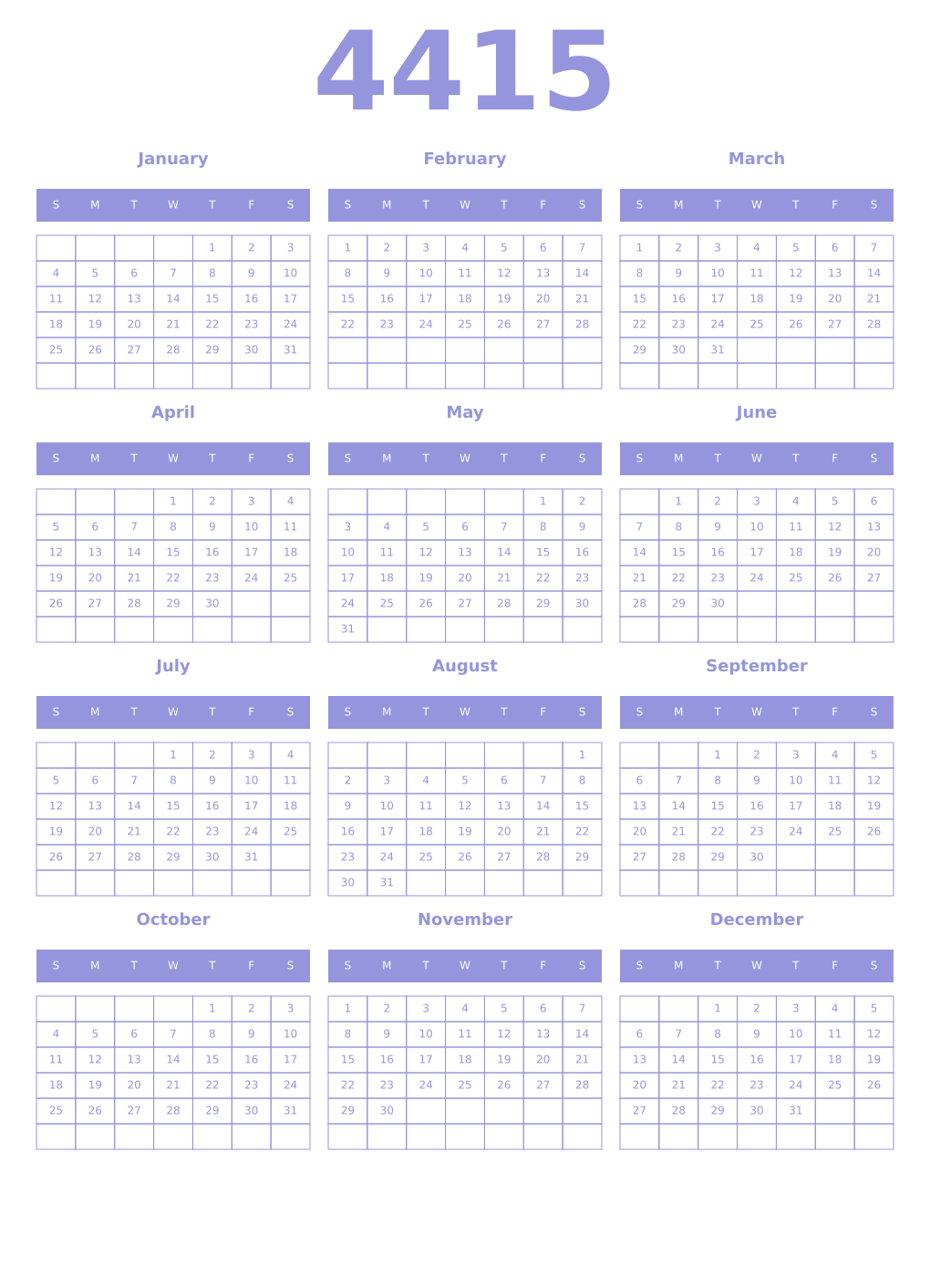 Printable 4415 Year Calendars periwinkle