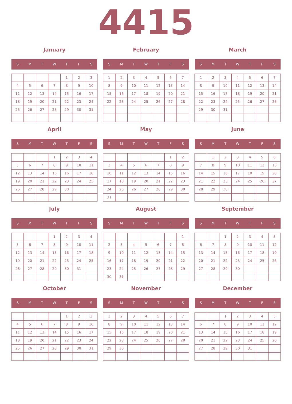 Printable 4415 Year Calendars puce