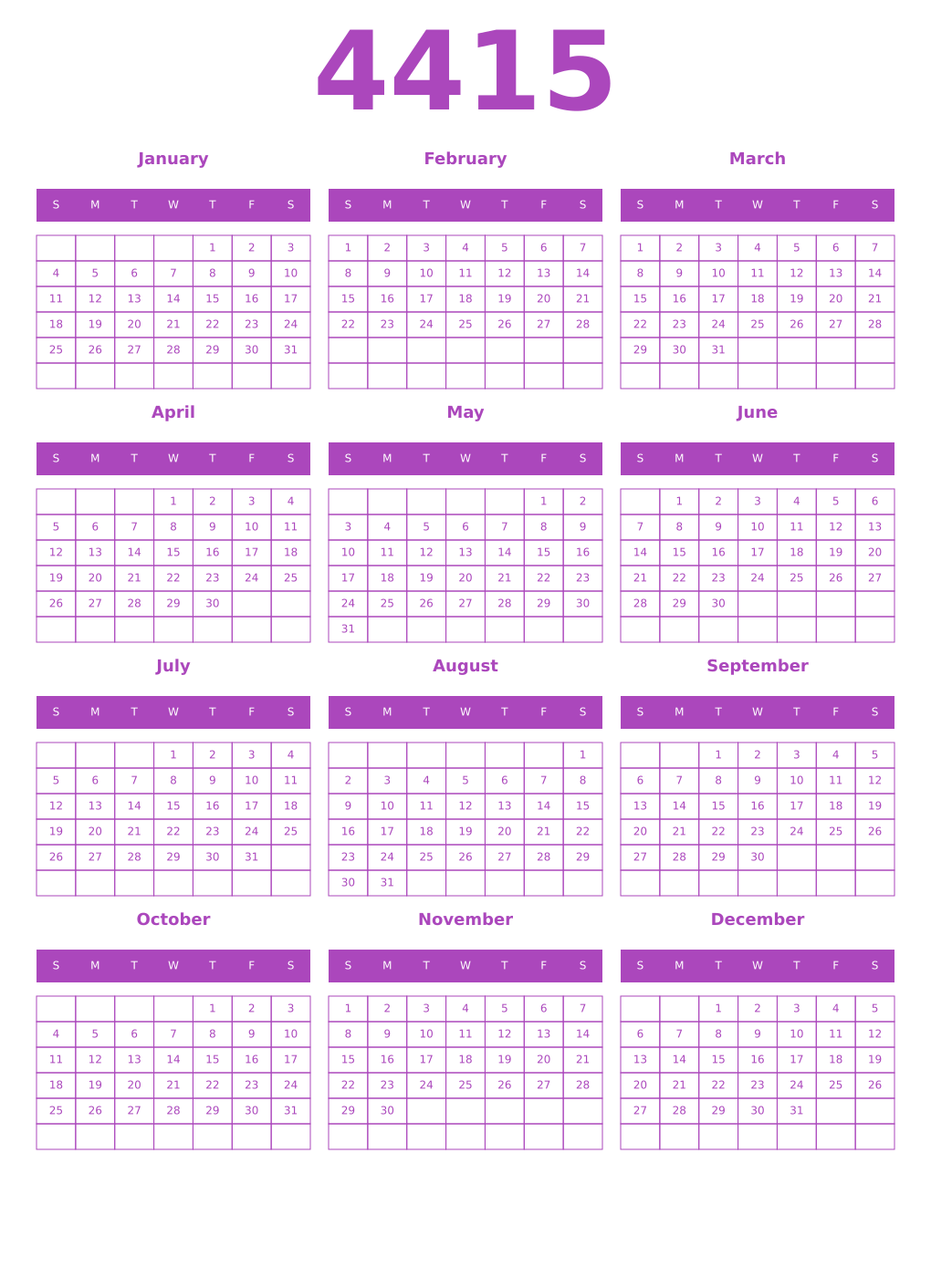 Printable 4415 Year Calendars purple
