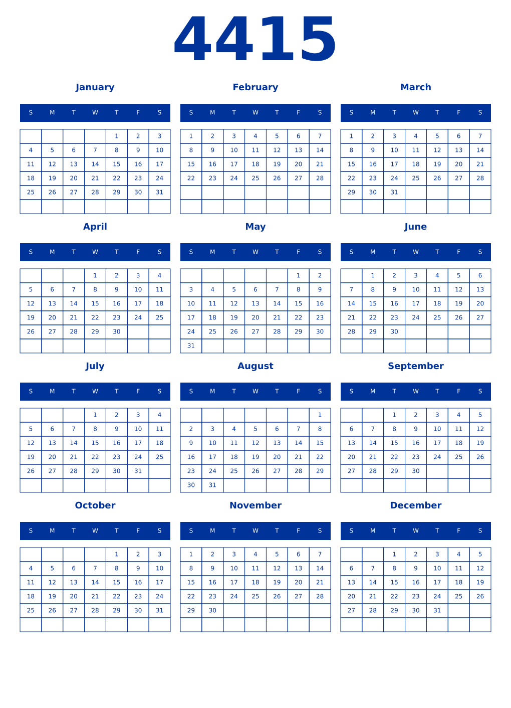 Printable 4415 Year Calendars smalt