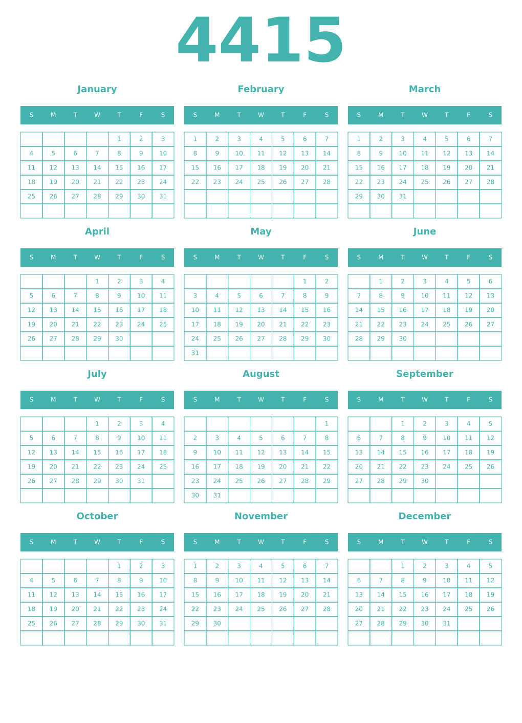 Printable 4415 Year Calendars verdigris