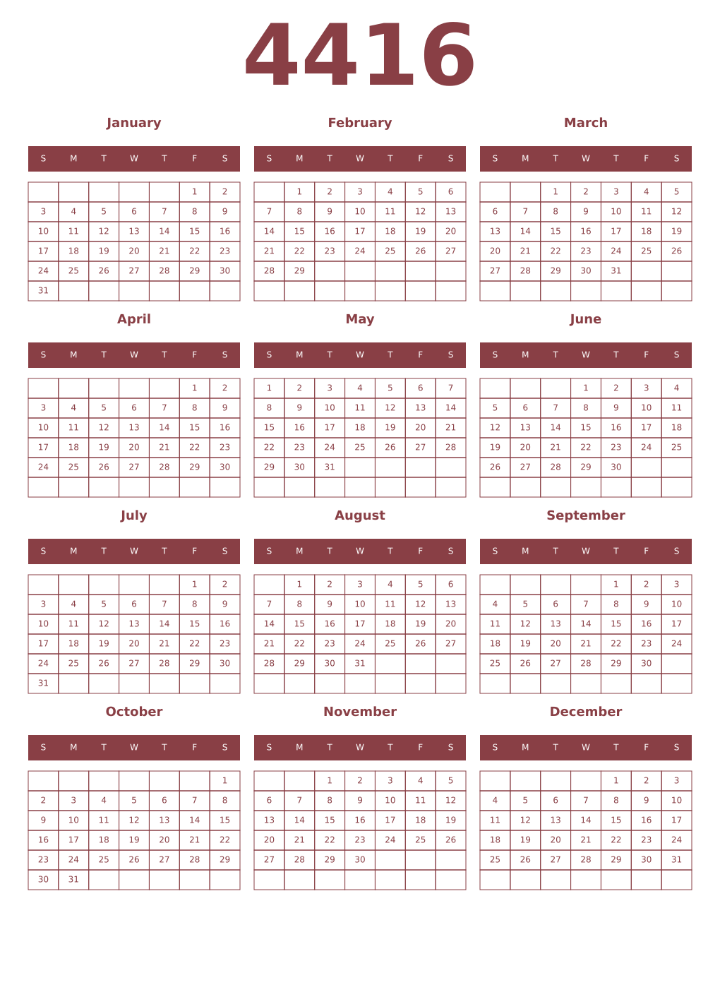 Printable 4416 Year Calendars cordovan