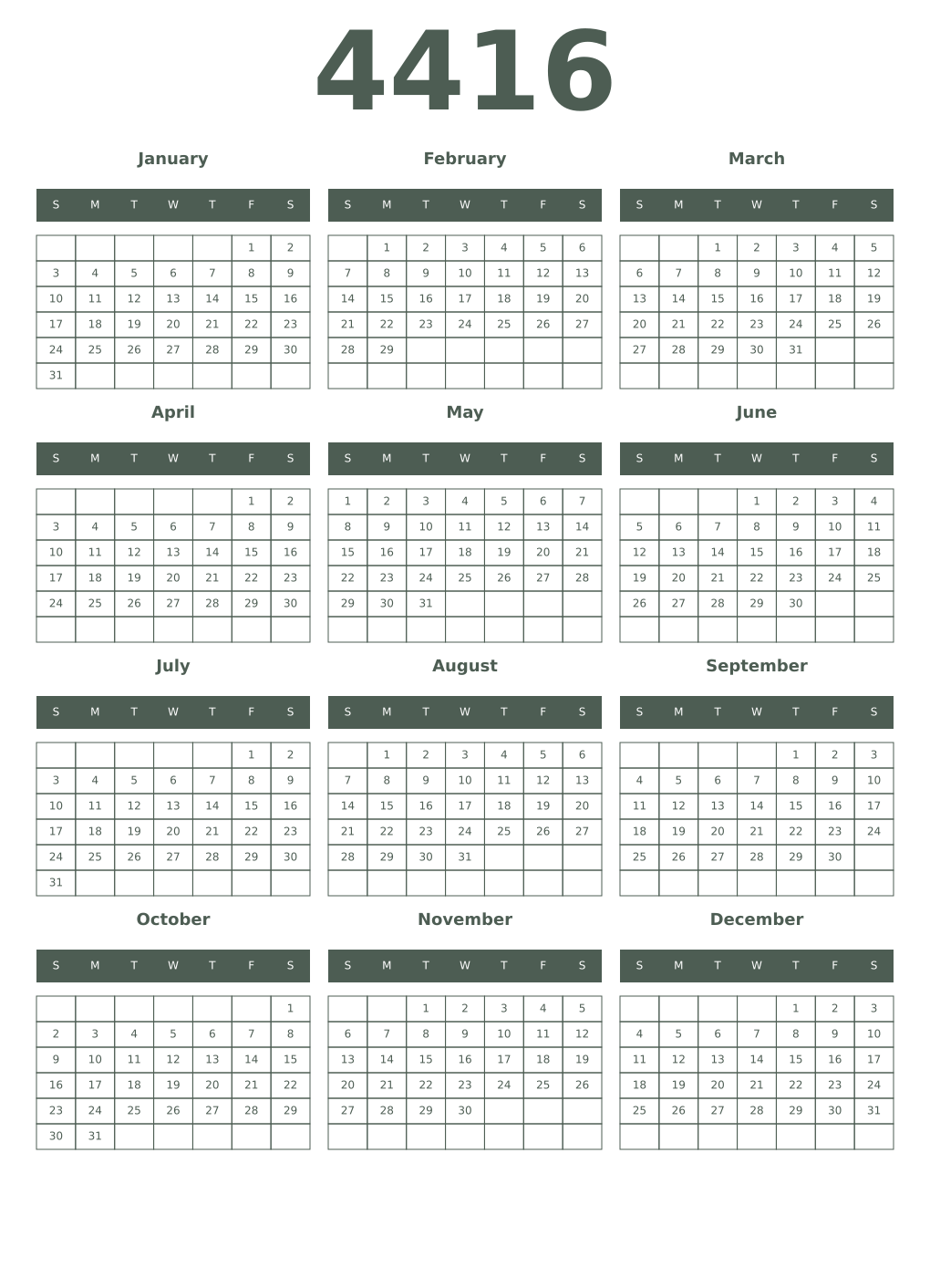 Printable 4416 Year Calendars feldgrau