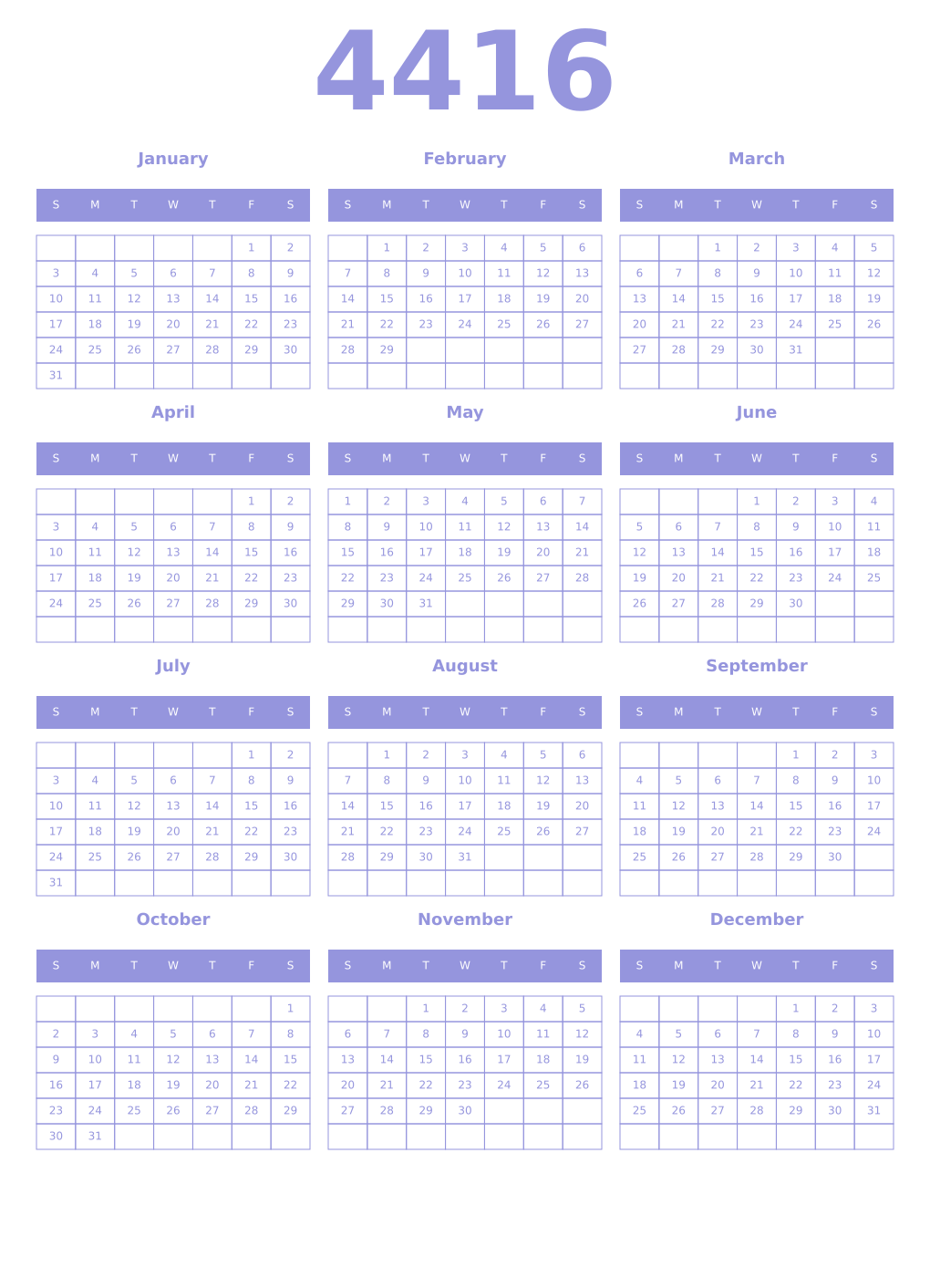 Printable 4416 Year Calendars periwinkle