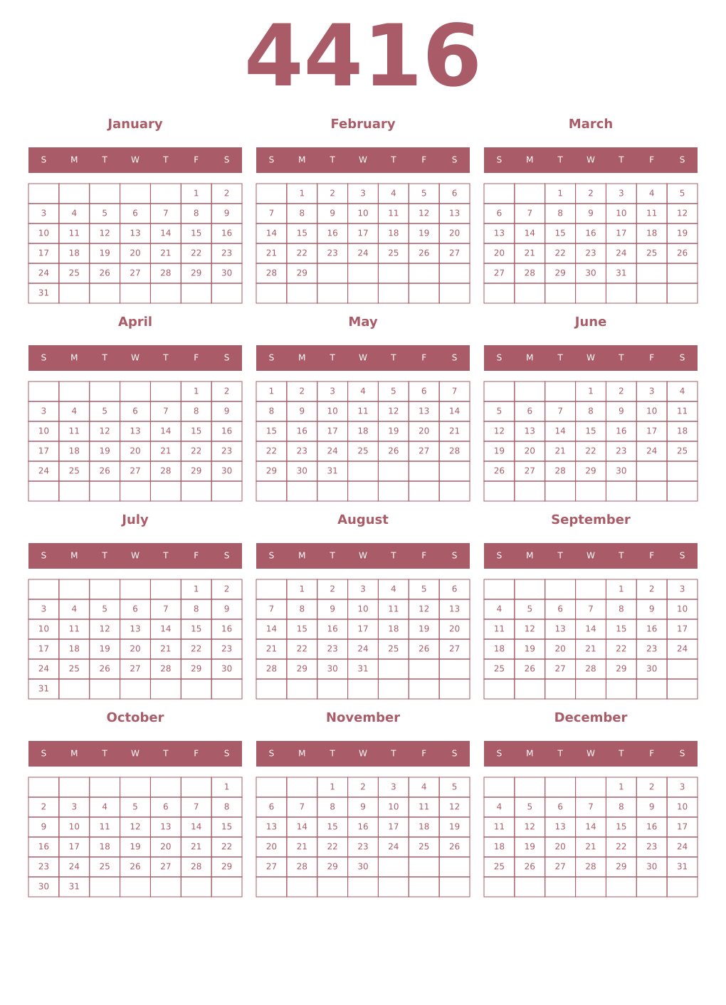 Printable 4416 Year Calendars puce