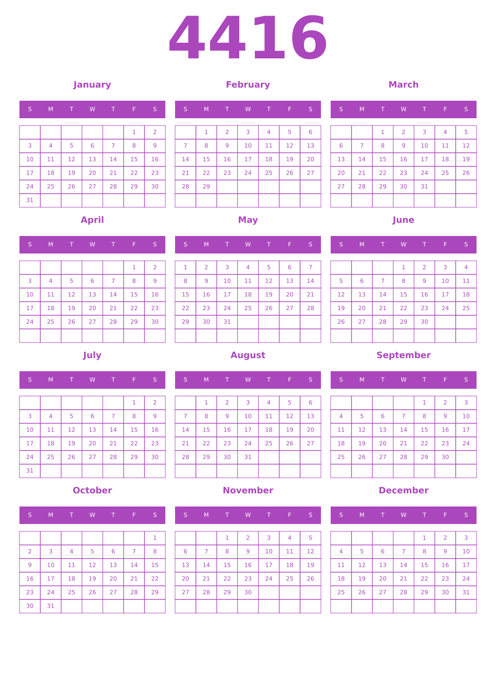 Printable 4416 Year Calendars purple