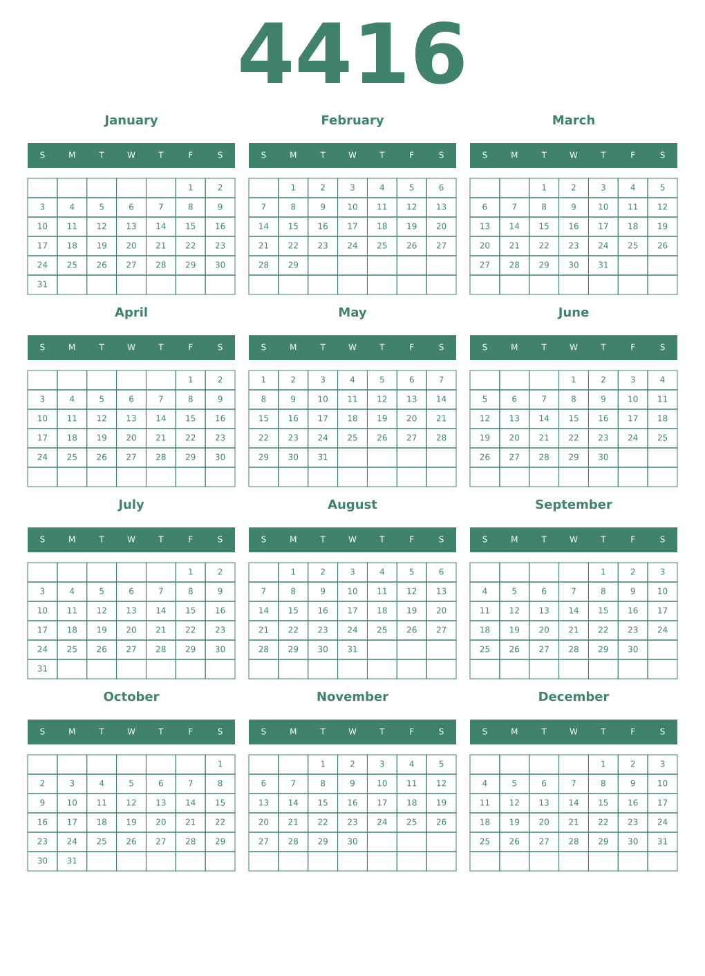 Printable 4416 Year Calendars viridian