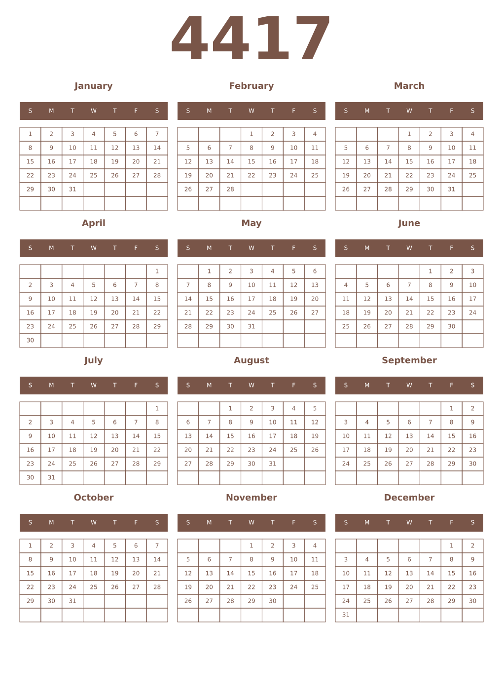 Printable 4417 Year Calendars coffe