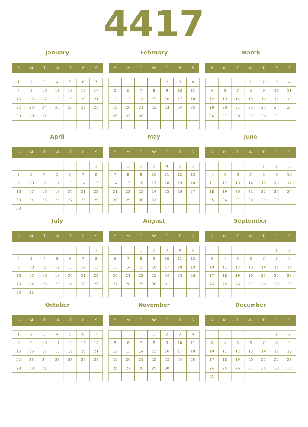 Printable 4417 Year Calendars eburnean