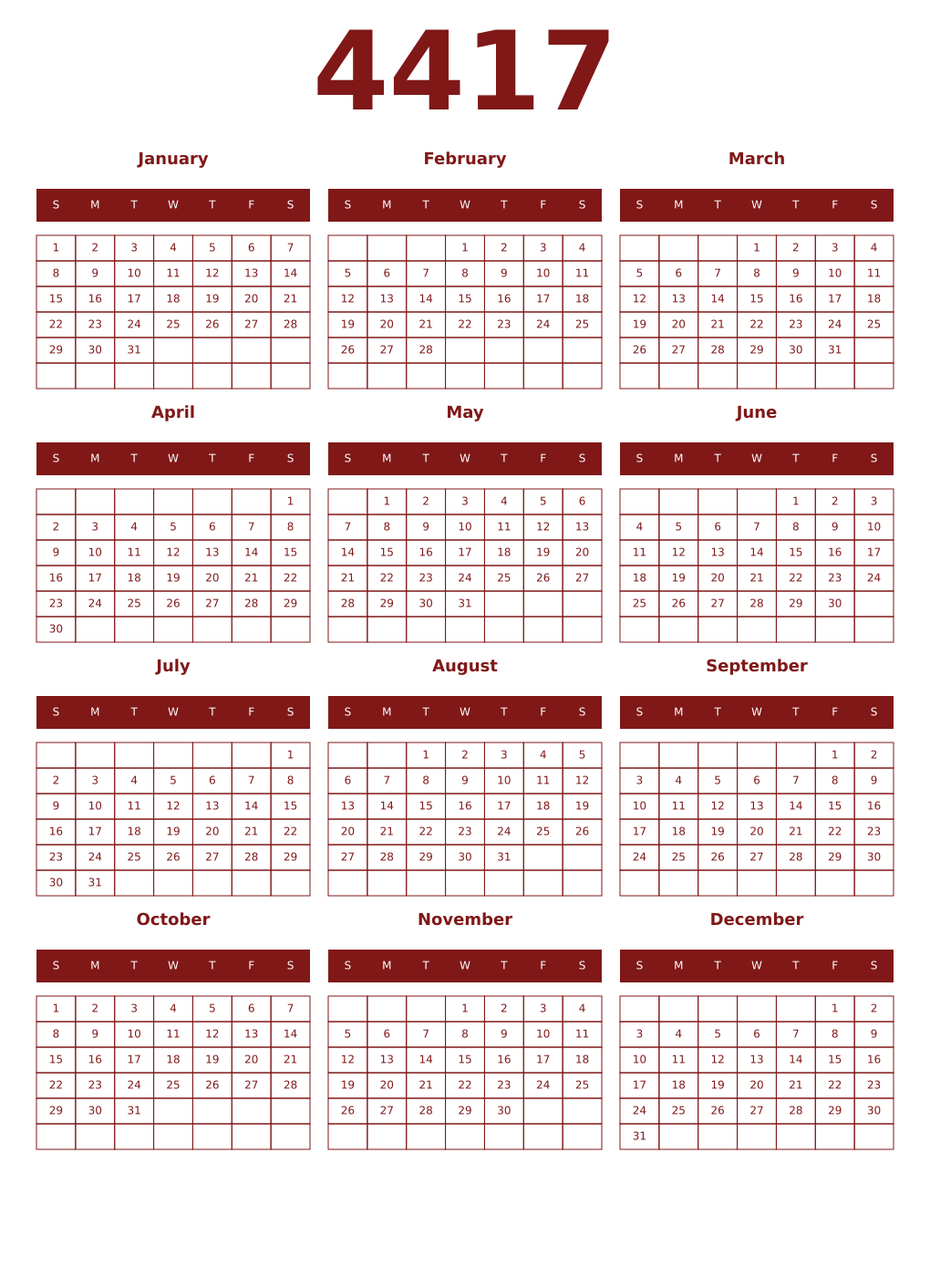 Printable 4417 Year Calendars falu