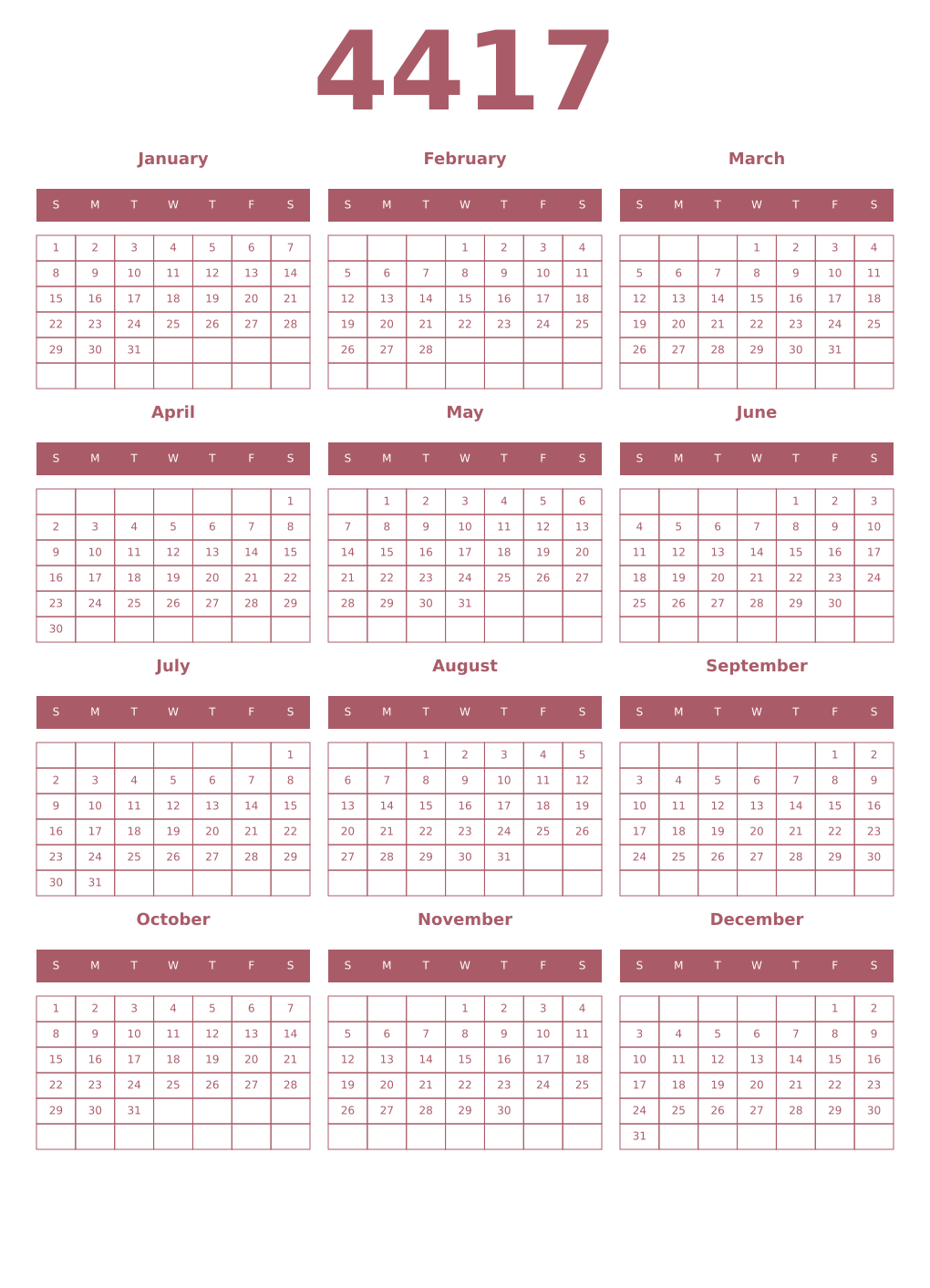 Printable 4417 Year Calendars puce