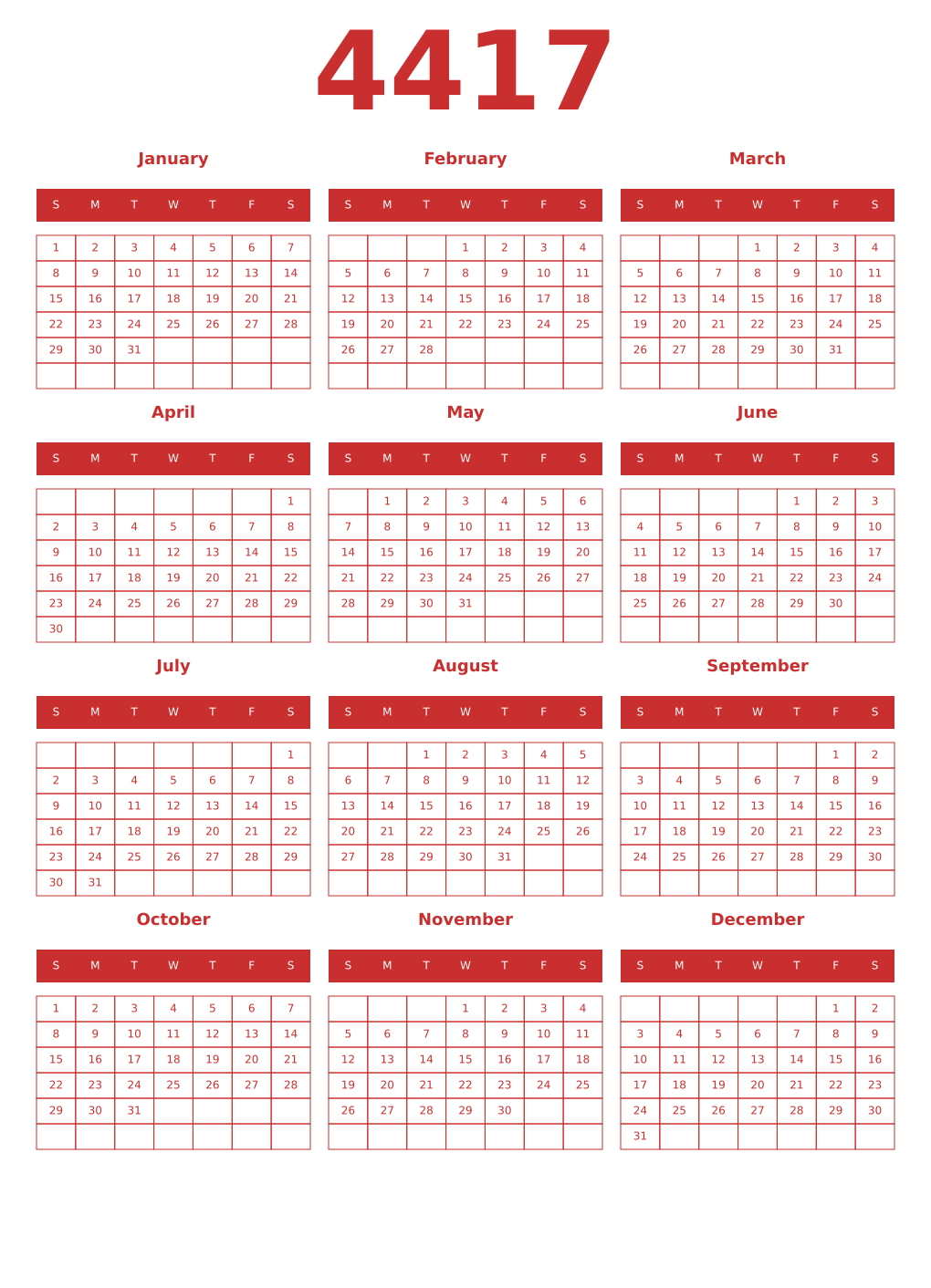 Printable 4417 Year Calendars red