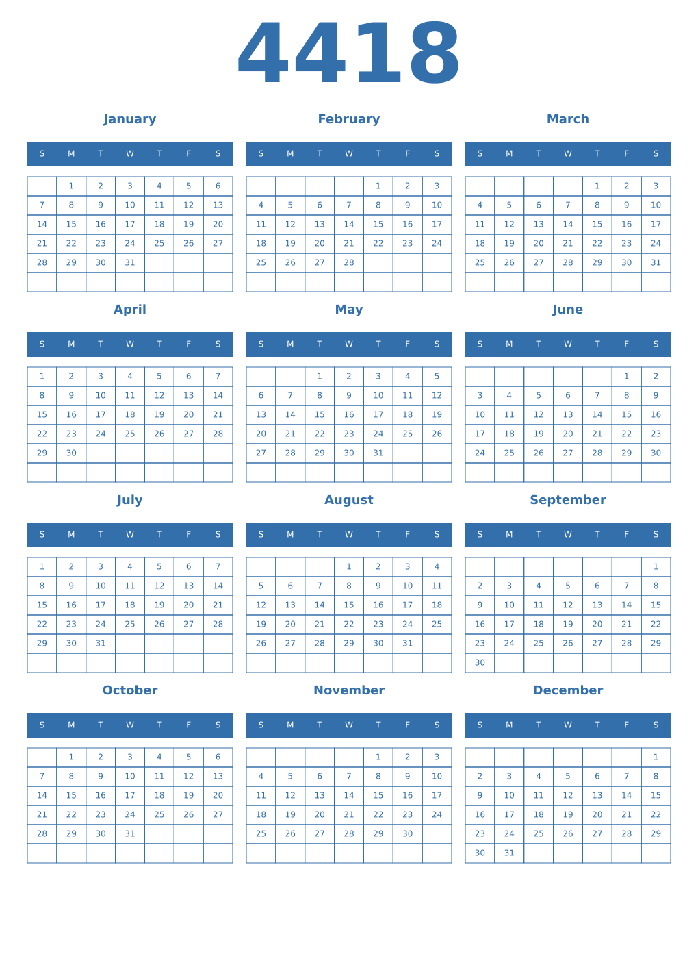 Printable 4418 Year Calendars blue