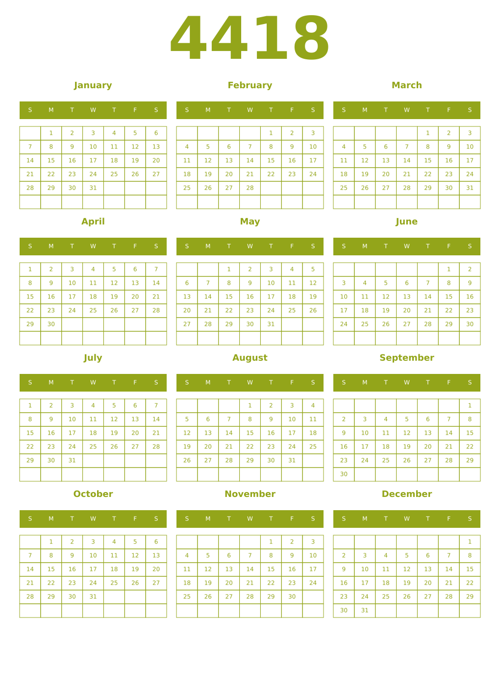 Printable 4418 Year Calendars chartreuse