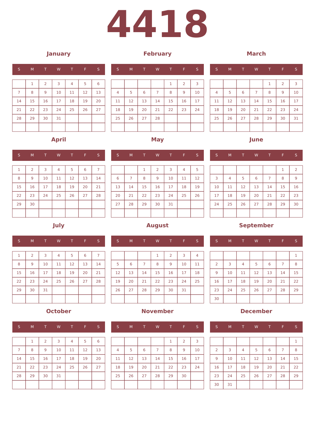 Printable 4418 Year Calendars cordovan