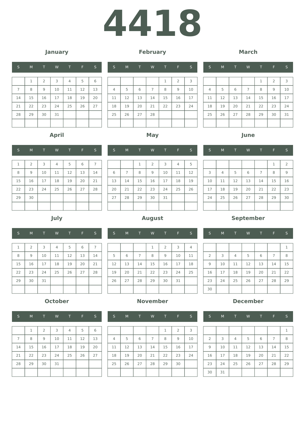Printable 4418 Year Calendars feldgrau