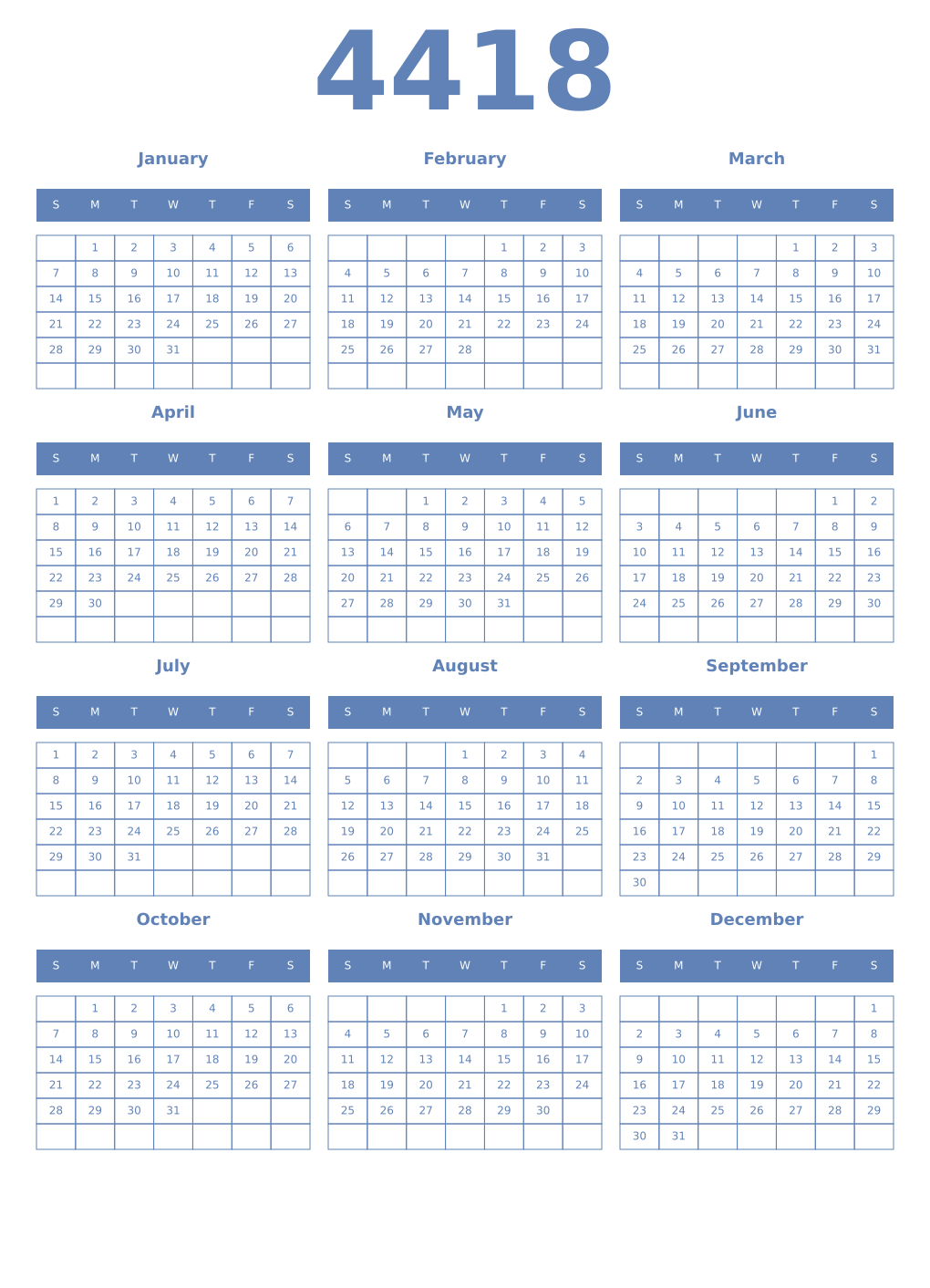 Printable 4418 Year Calendars glaucous