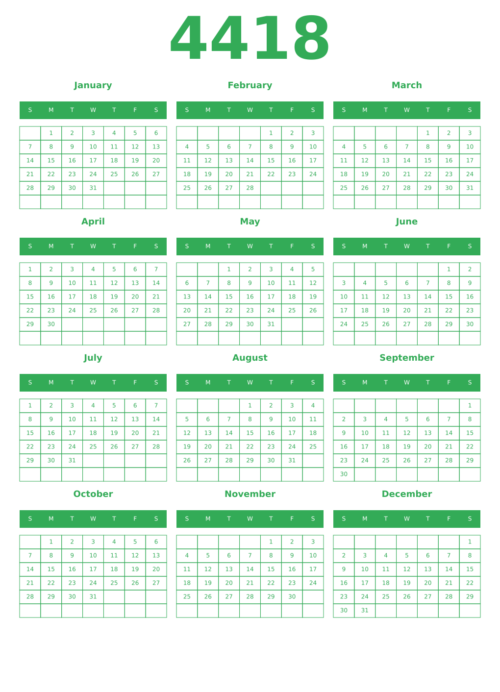 Printable 4418 Year Calendars green