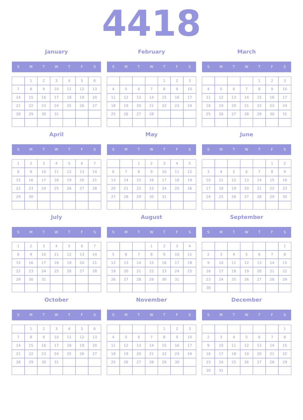Printable 4418 Year Calendars periwinkle