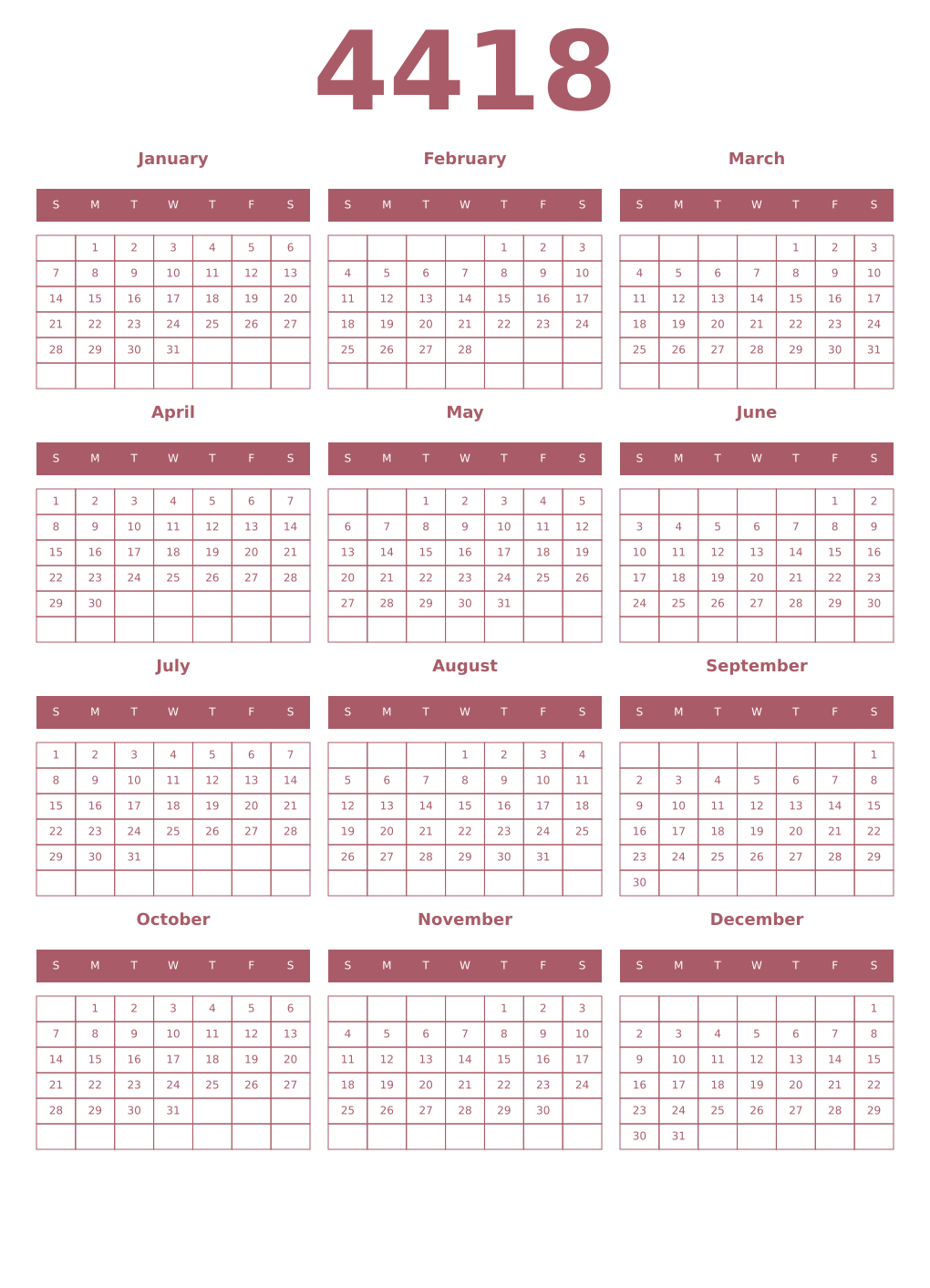 Printable 4418 Year Calendars puce