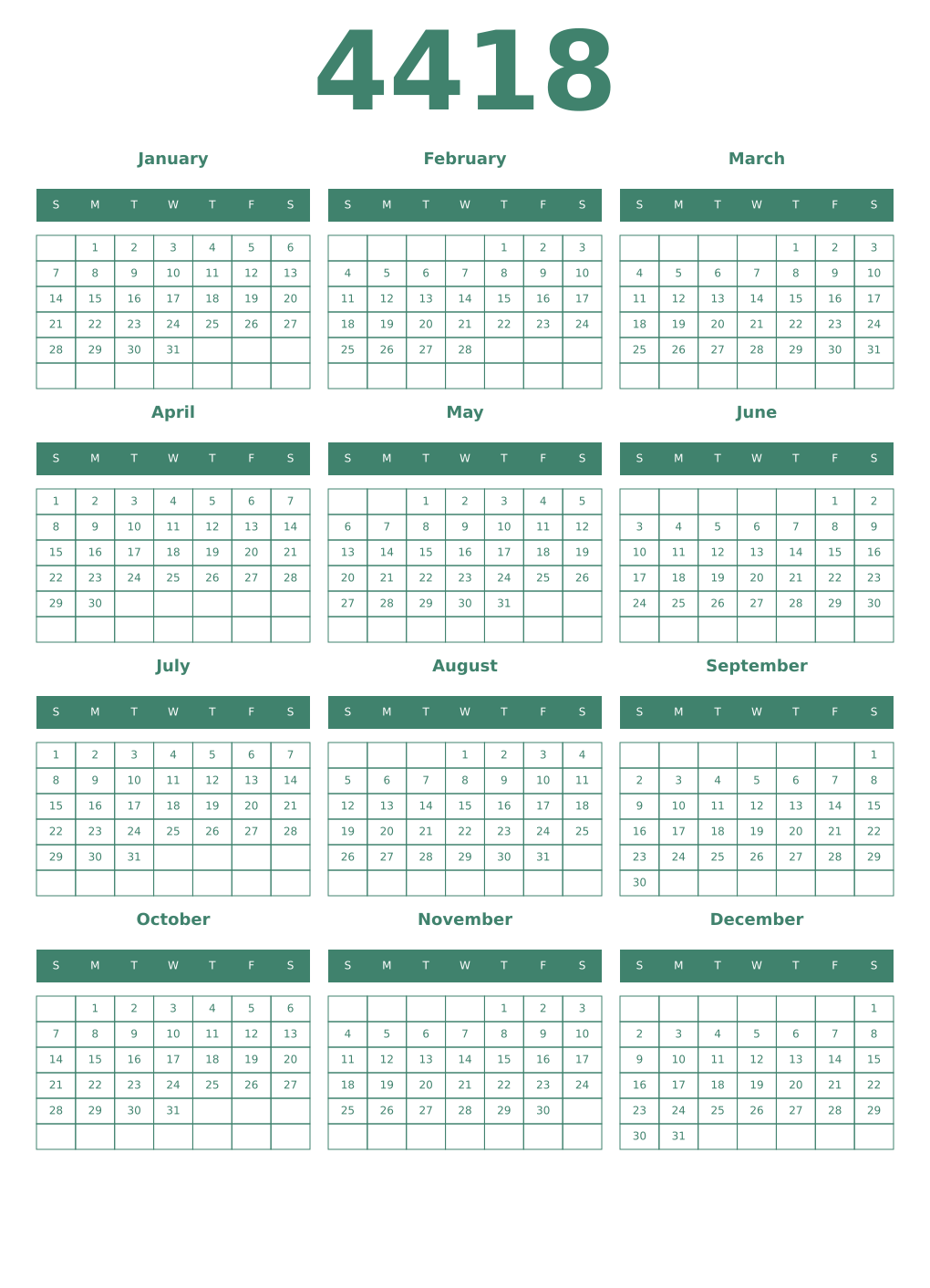 Printable 4418 Year Calendars viridian