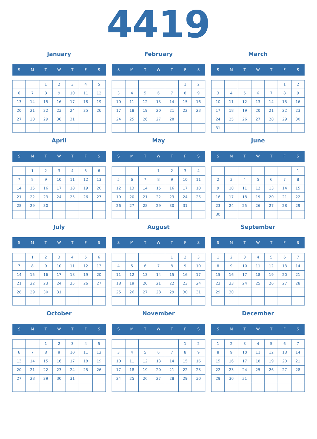 Printable 4419 Year Calendars blue