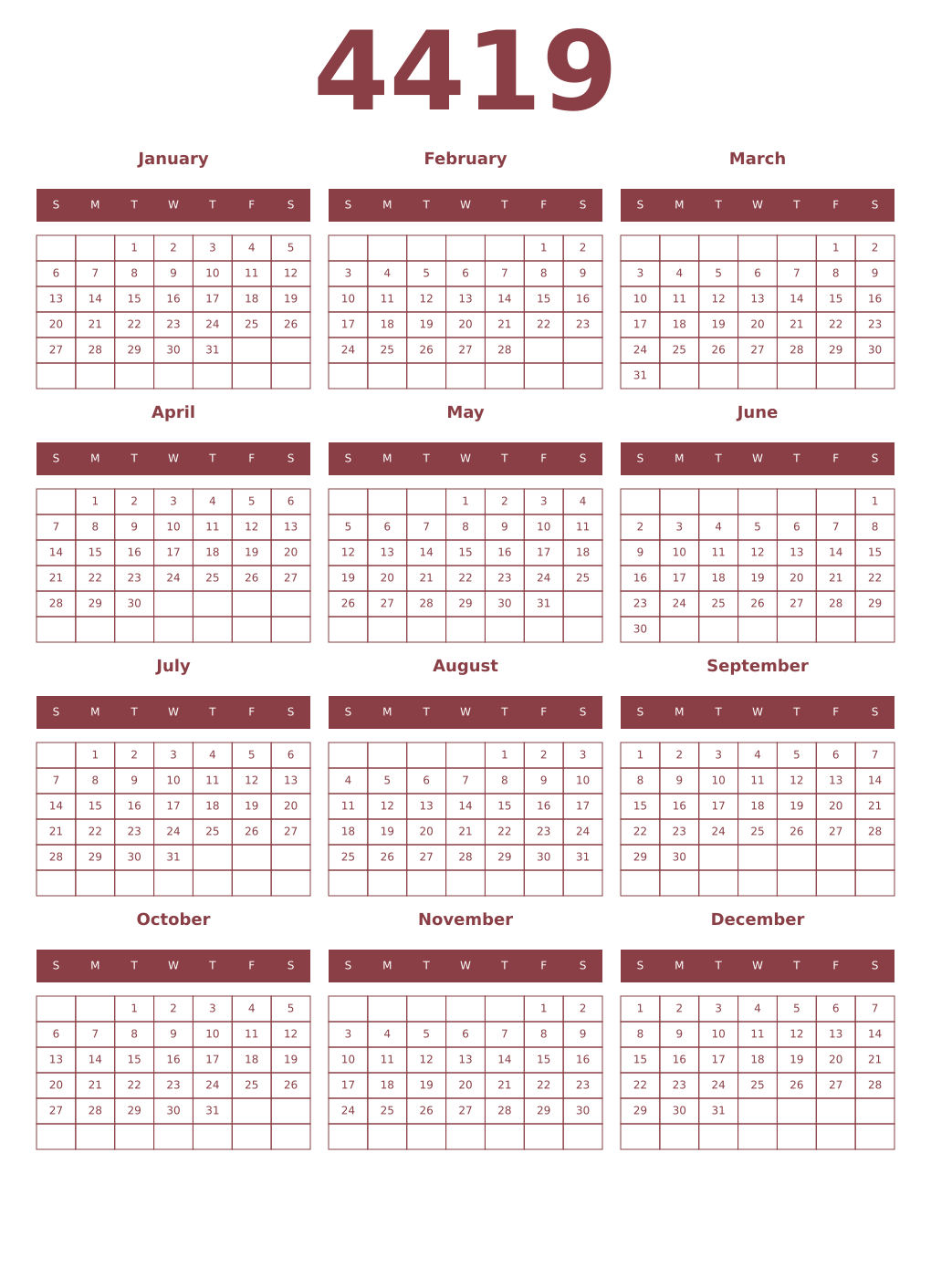Printable 4419 Year Calendars cordovan