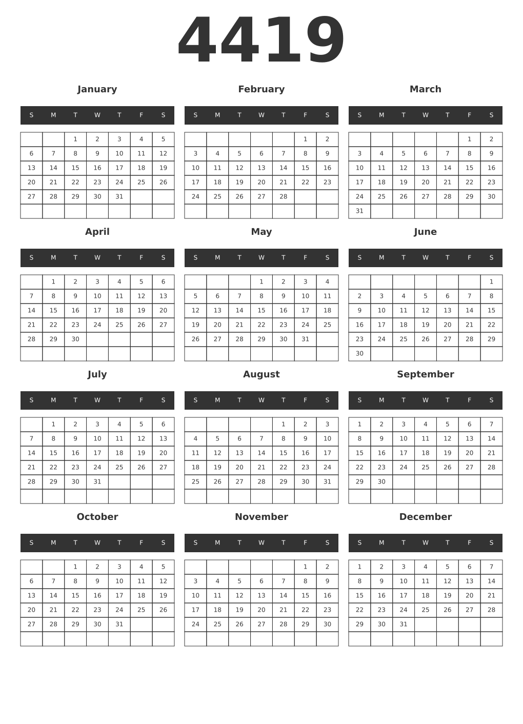 Printable 4419 Year Calendars dark