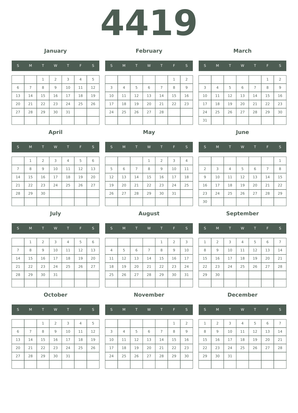 Printable 4419 Year Calendars feldgrau