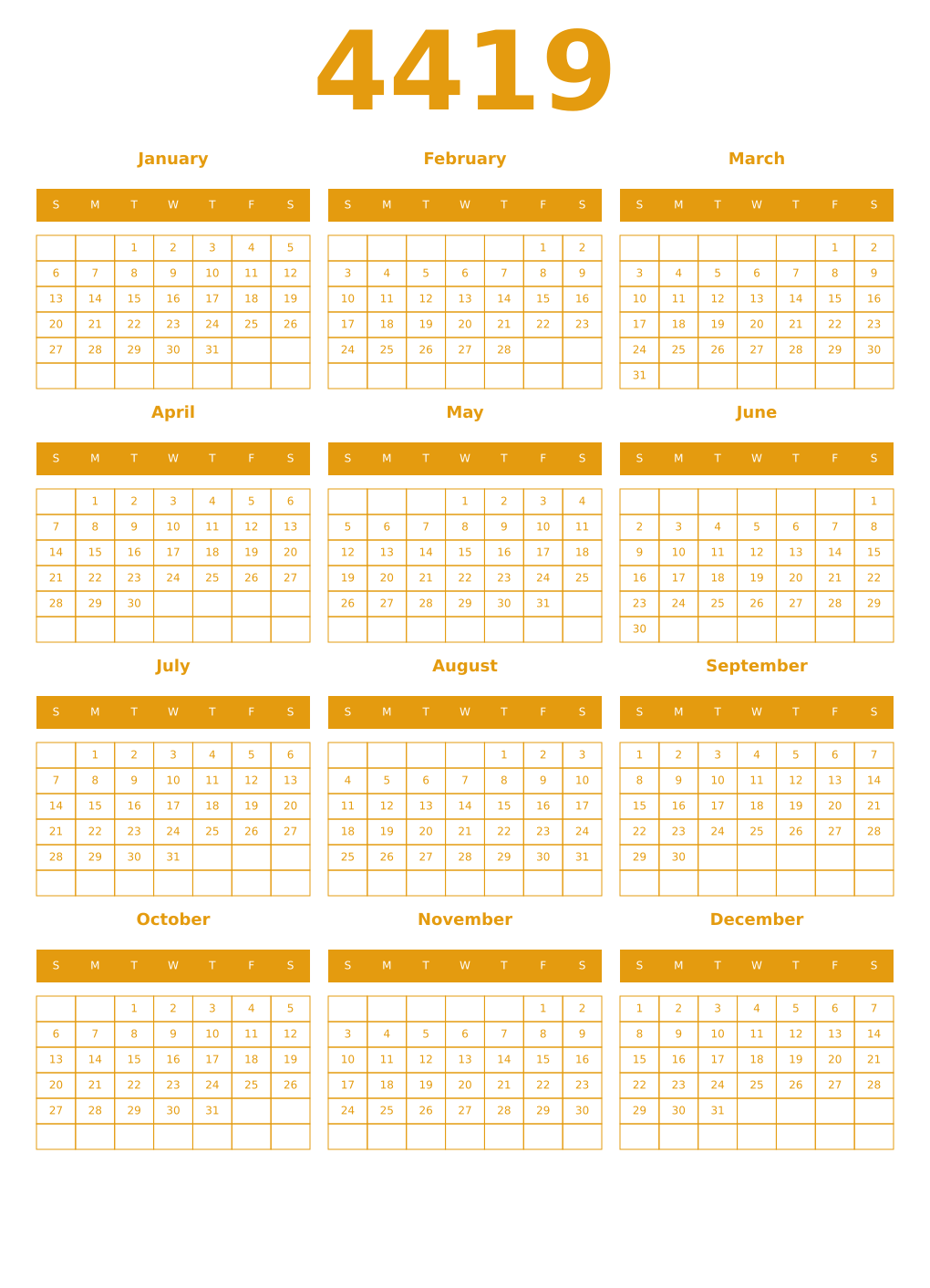 Printable 4419 Year Calendars gamboge