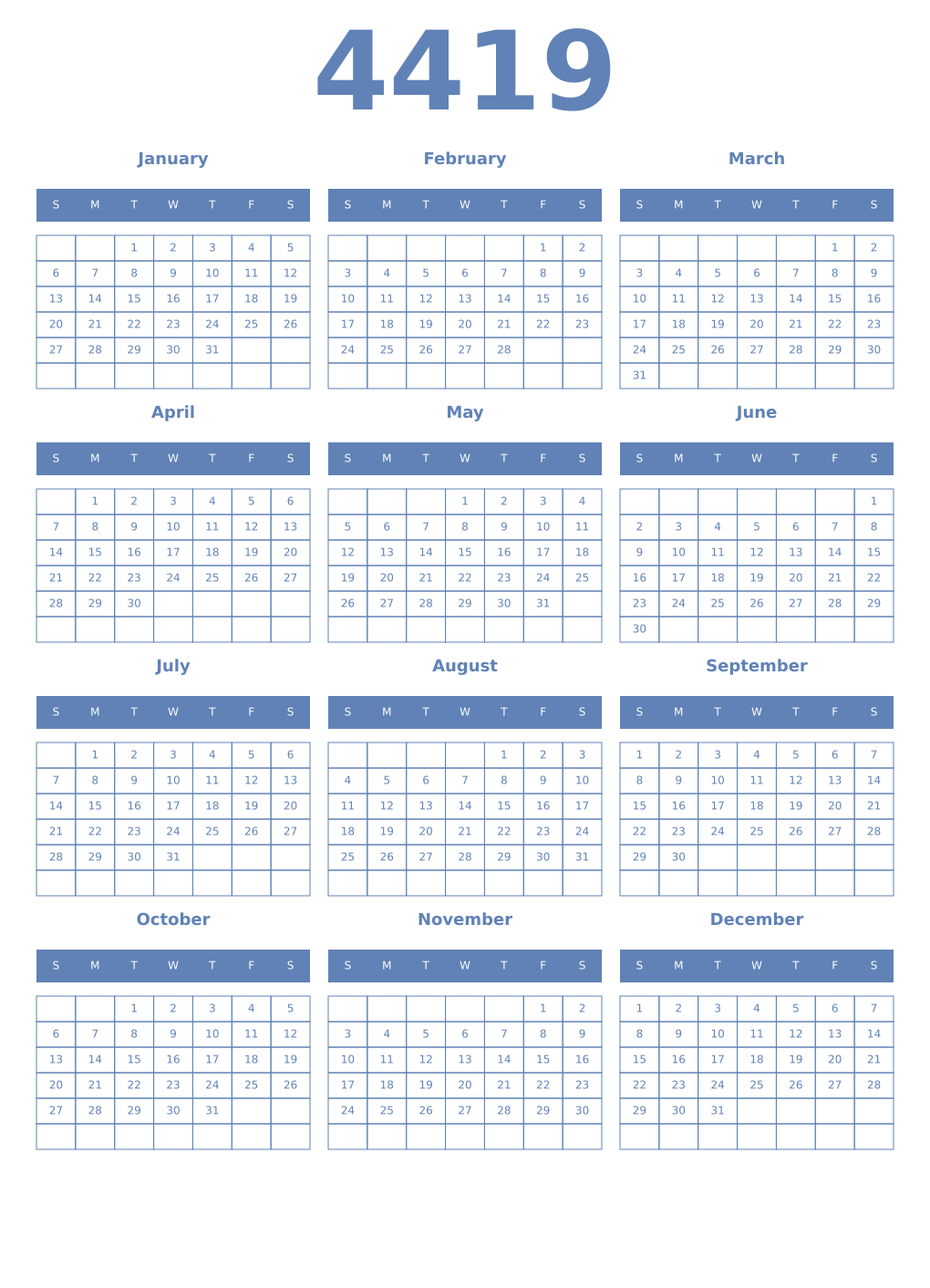 Printable 4419 Year Calendars glaucous