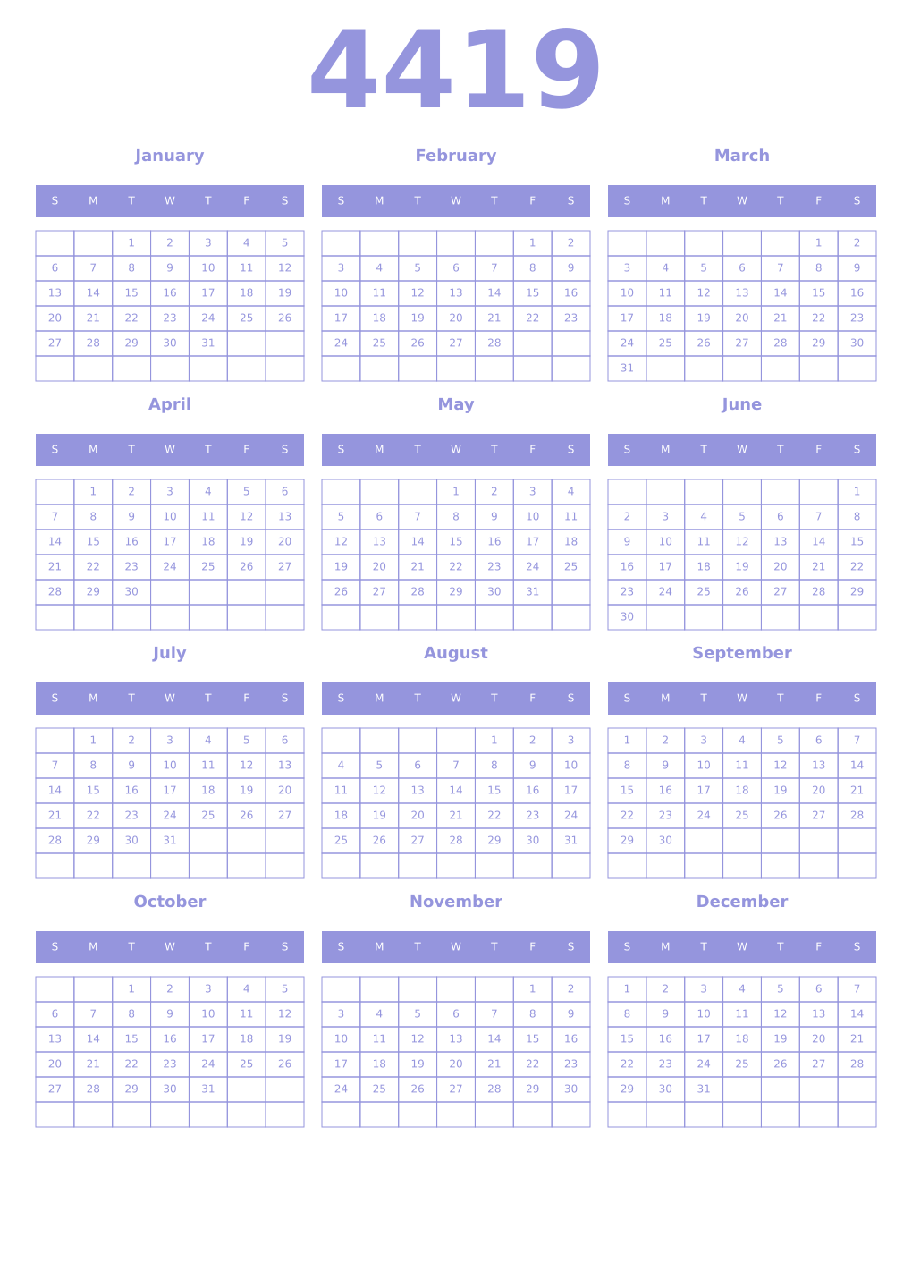 Printable 4419 Year Calendars periwinkle