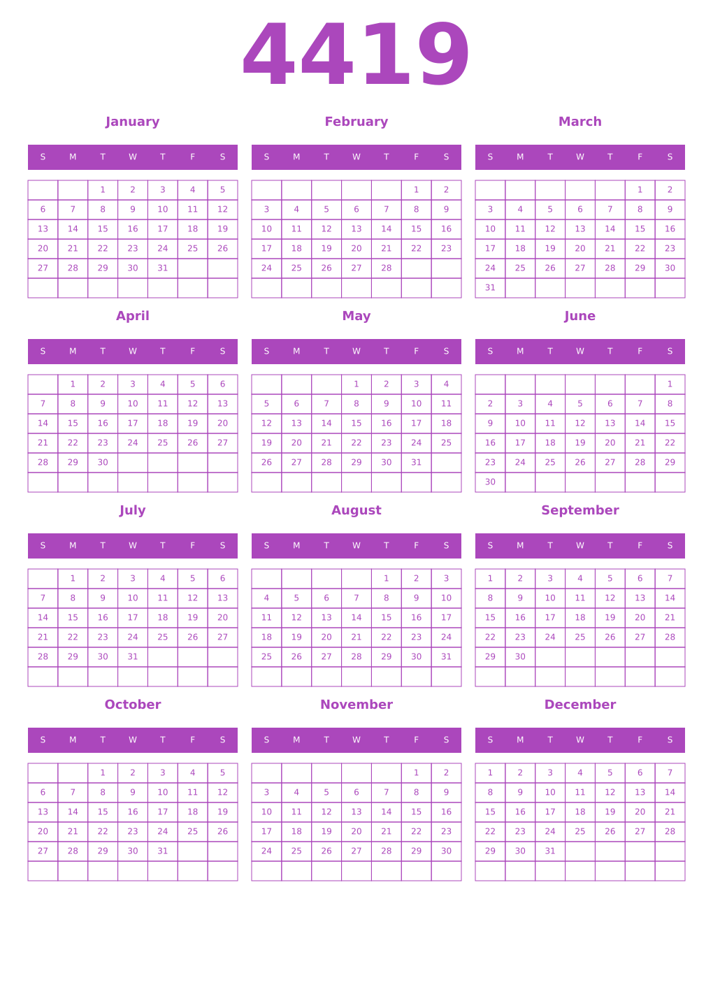 Printable 4419 Year Calendars purple