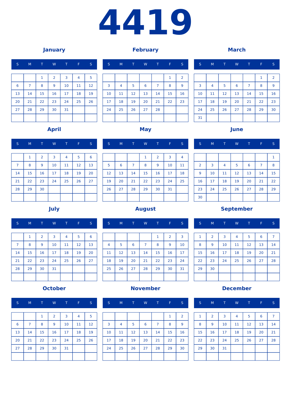 Printable 4419 Year Calendars smalt