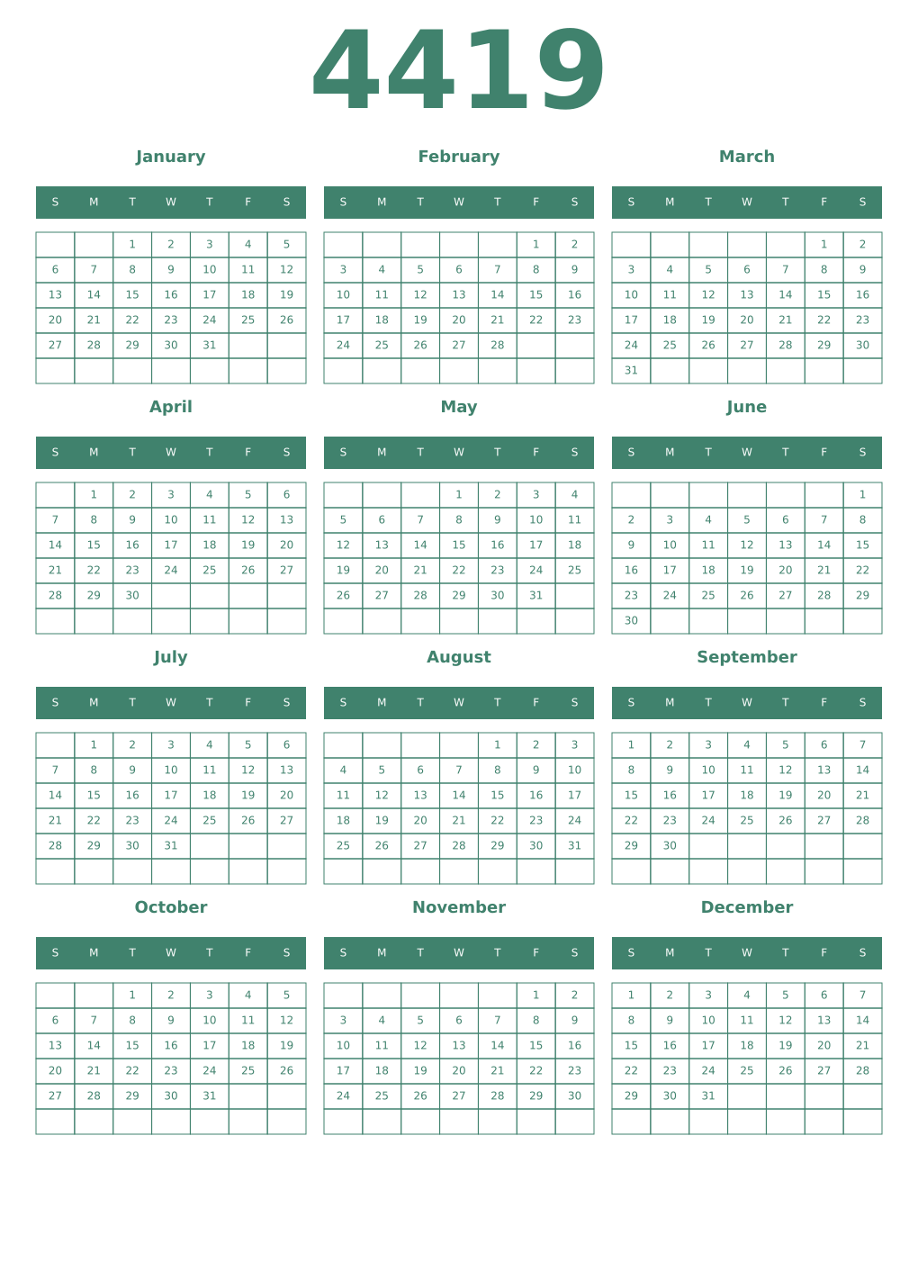 Printable 4419 Year Calendars viridian