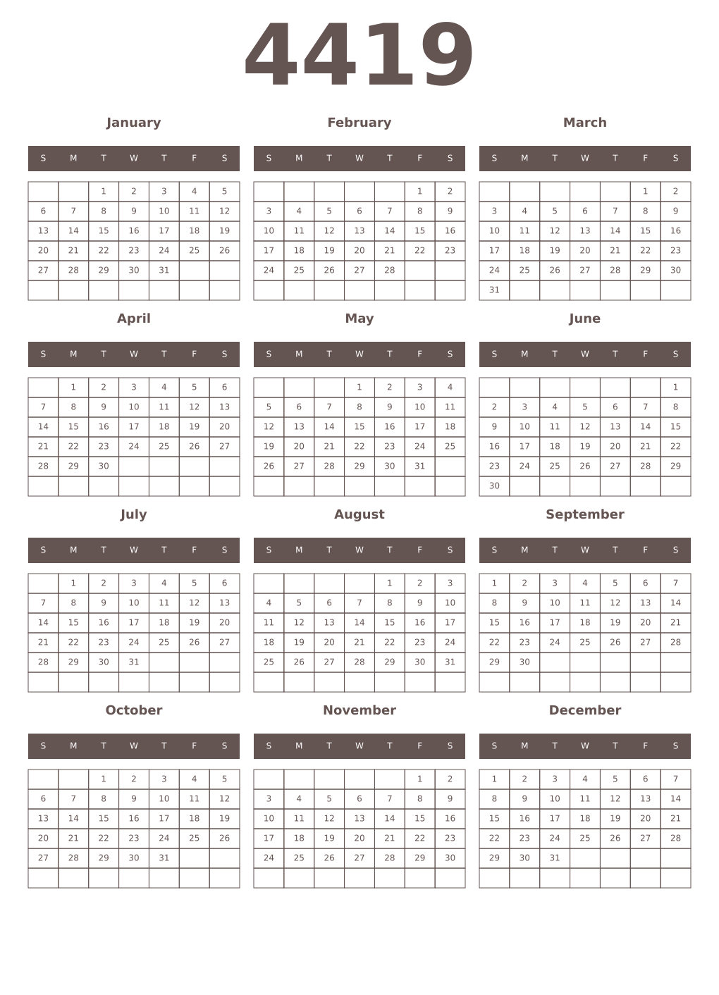 Printable 4419 Year Calendars wenge