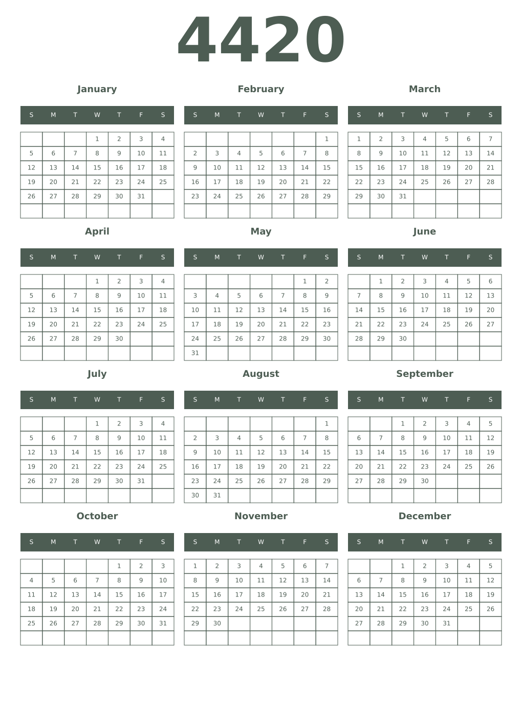 Printable 4420 Year Calendars feldgrau