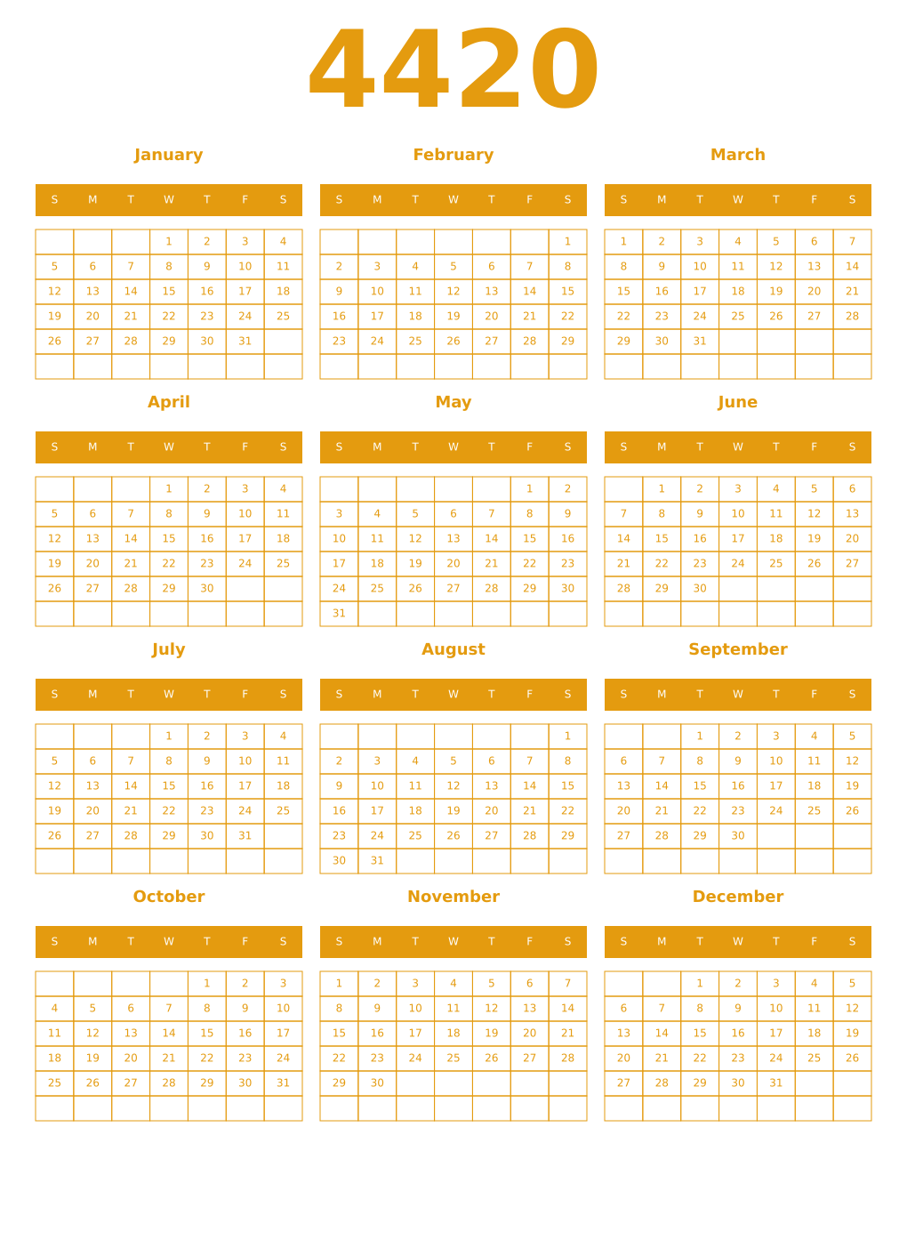 Printable 4420 Year Calendars gamboge