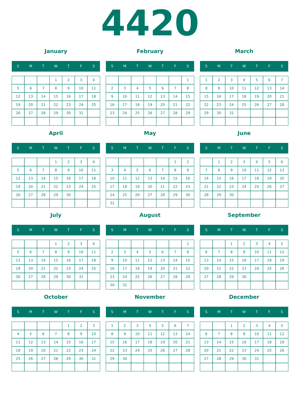 Printable 4420 Year Calendars pastel
