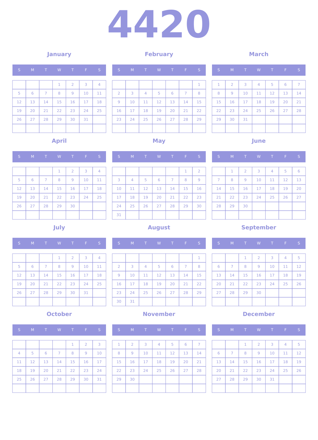 Printable 4420 Year Calendars periwinkle