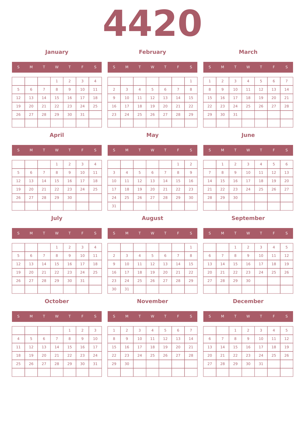 Printable 4420 Year Calendars puce