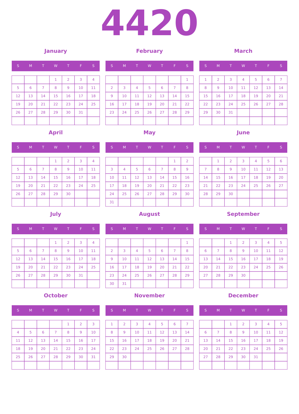 Printable 4420 Year Calendars purple