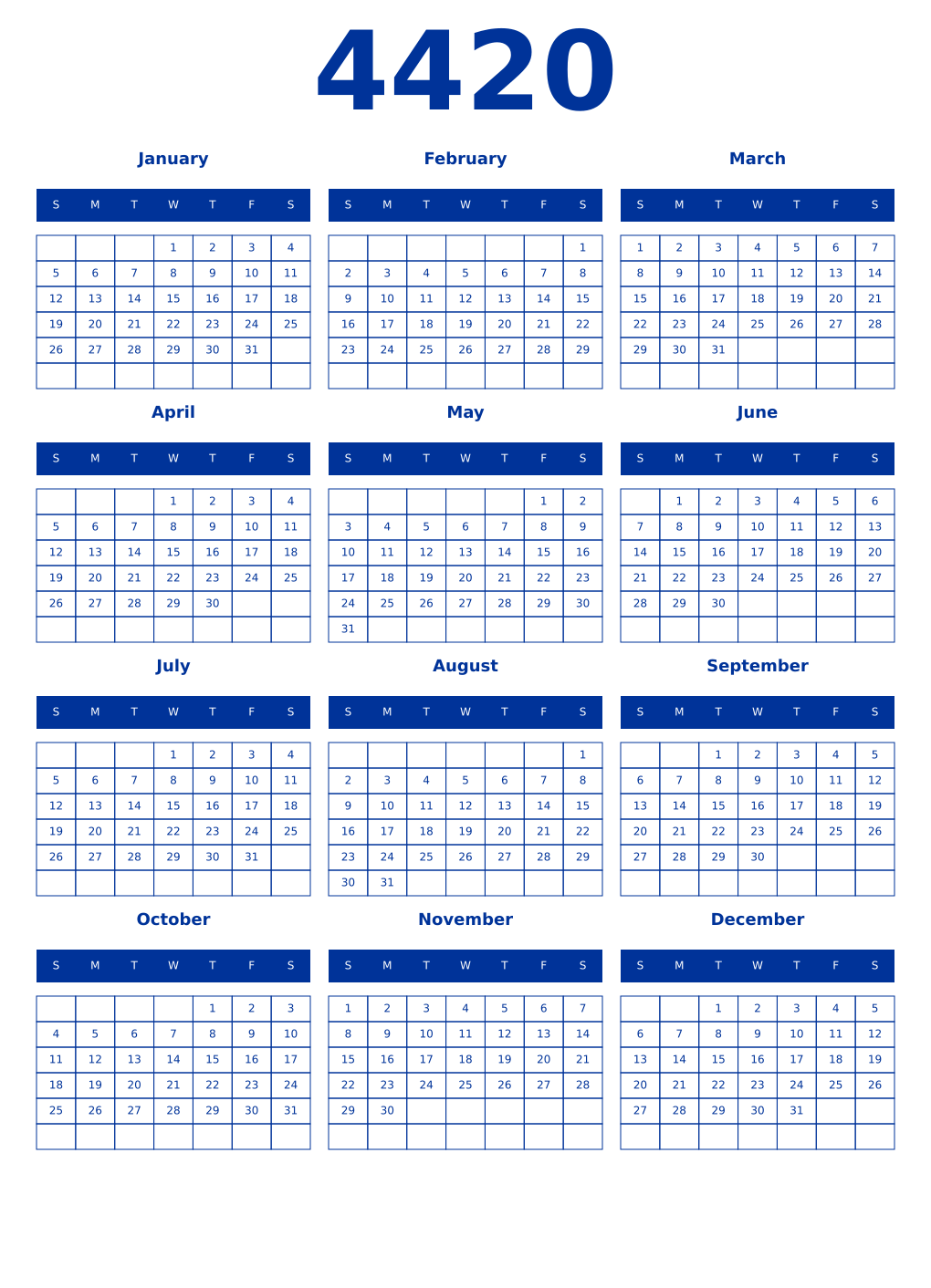 Printable 4420 Year Calendars smalt