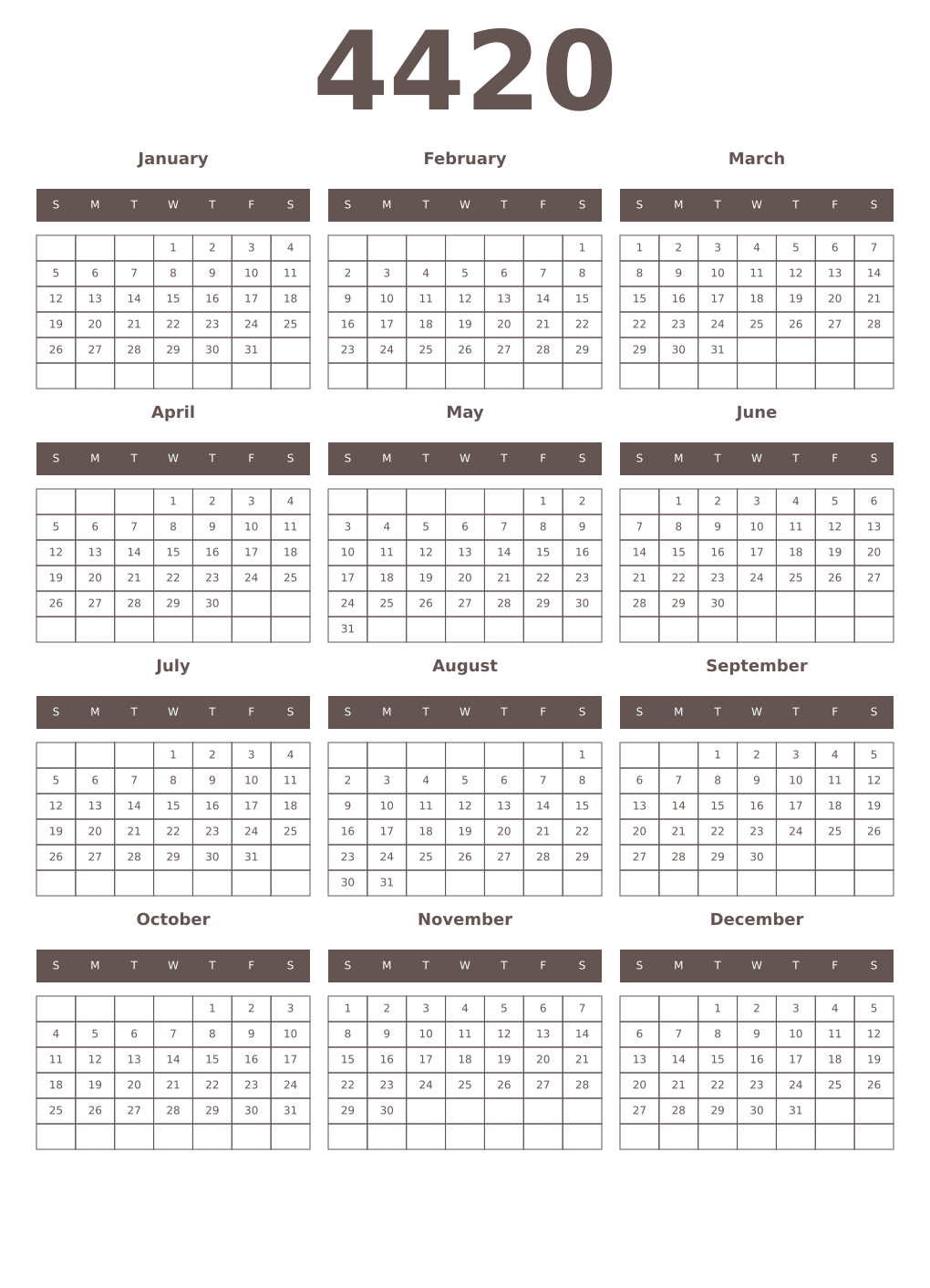 Printable 4420 Year Calendars wenge