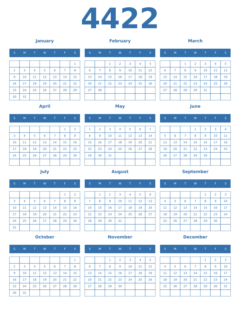 Printable 4422 Year Calendars blue