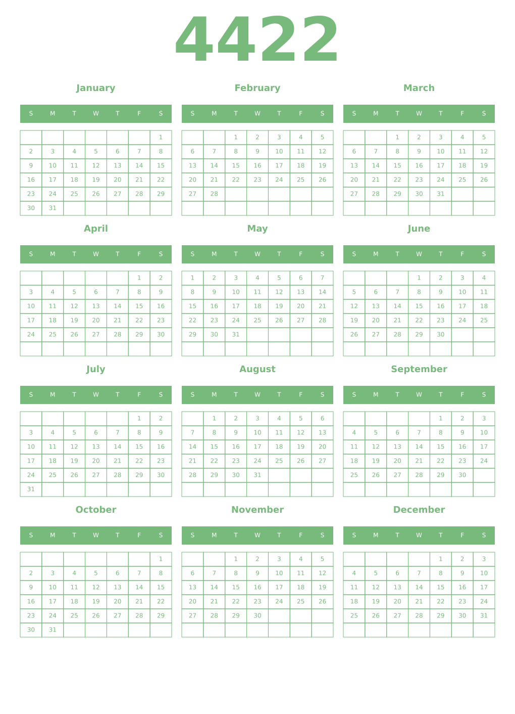 Printable 4422 Year Calendars celadon