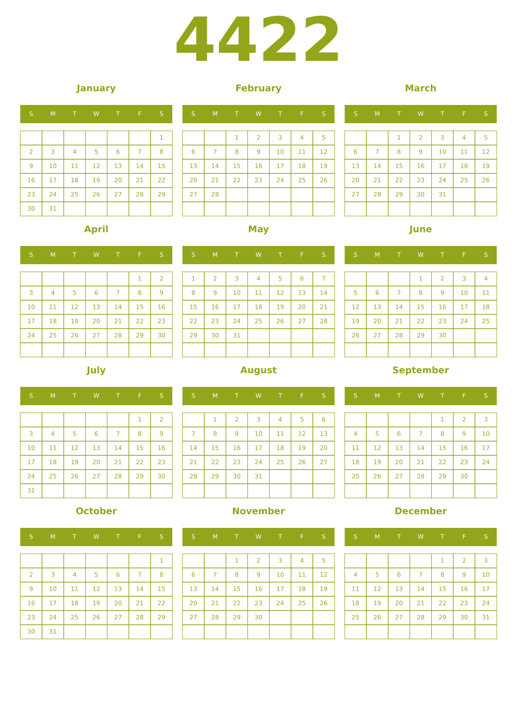 Printable 4422 Year Calendars chartreuse