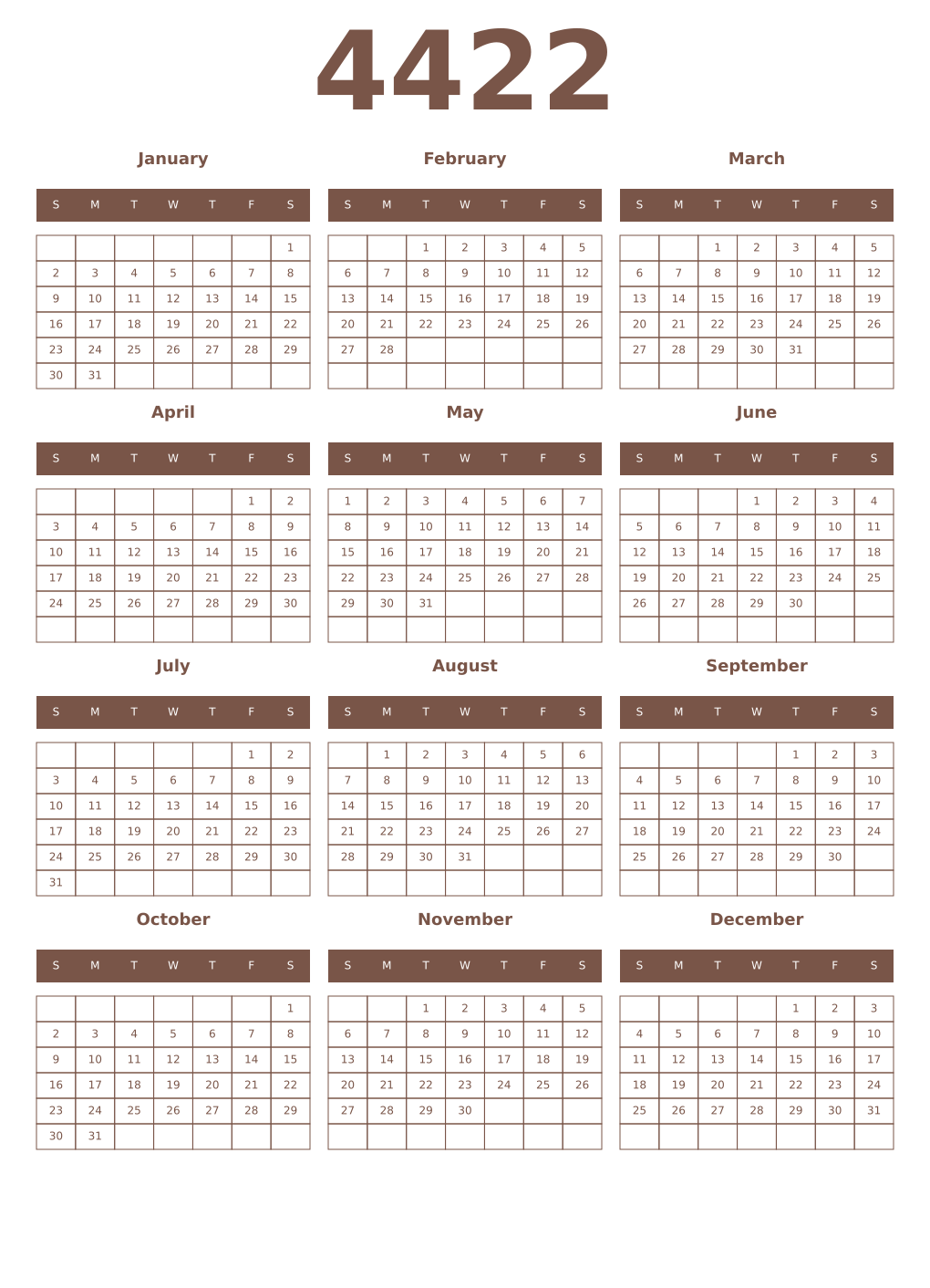 Printable 4422 Year Calendars coffe