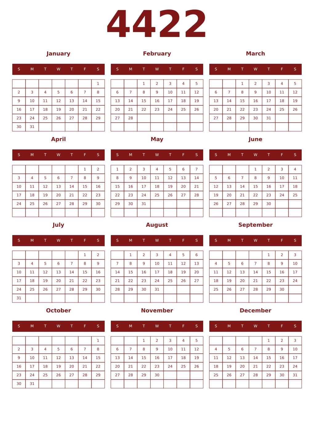 Printable 4422 Year Calendars falu